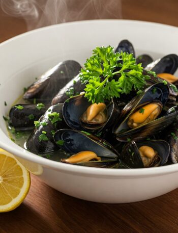 Steamed mussels in garlic-herb broth garnished with fresh parsley and lemon