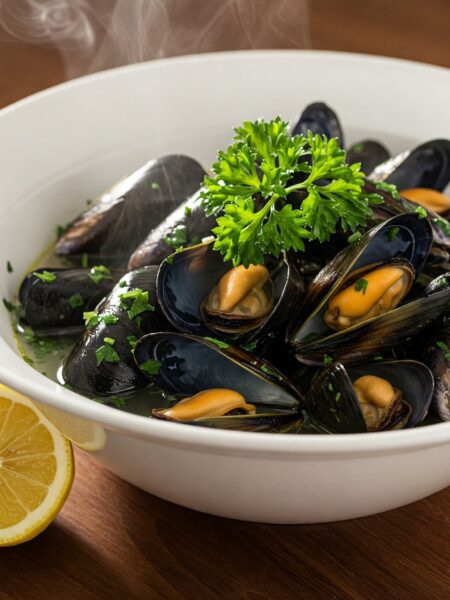 Steamed mussels in garlic-herb broth garnished with fresh parsley and lemon