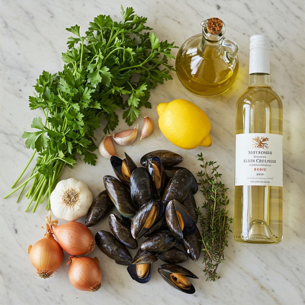 Flat lay of fresh ingredients for steamed mussels including herbs, garlic, and shellfish