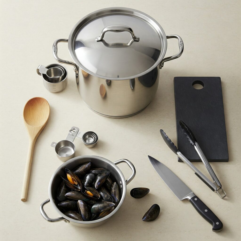 Kitchen equipment needed for cooking steamed mussels recipe