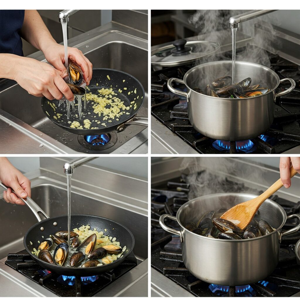 Step-by-step process of cooking steamed mussels from preparation to finish