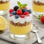 Elegant layered parfait dessert showing golden lemon curd, creamy yogurt, fresh berries, and granola in a clear glass, garnished with mint and honey