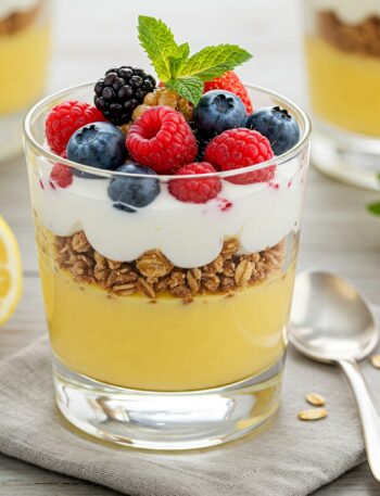 Elegant layered parfait dessert showing golden lemon curd, creamy yogurt, fresh berries, and granola in a clear glass, garnished with mint and honey