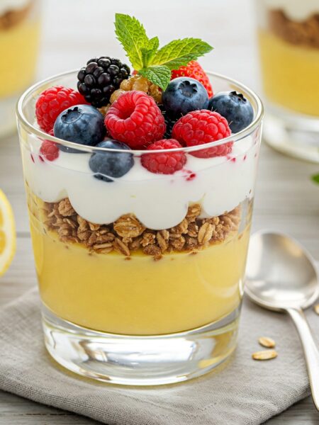 Elegant layered parfait dessert showing golden lemon curd, creamy yogurt, fresh berries, and granola in a clear glass, garnished with mint and honey