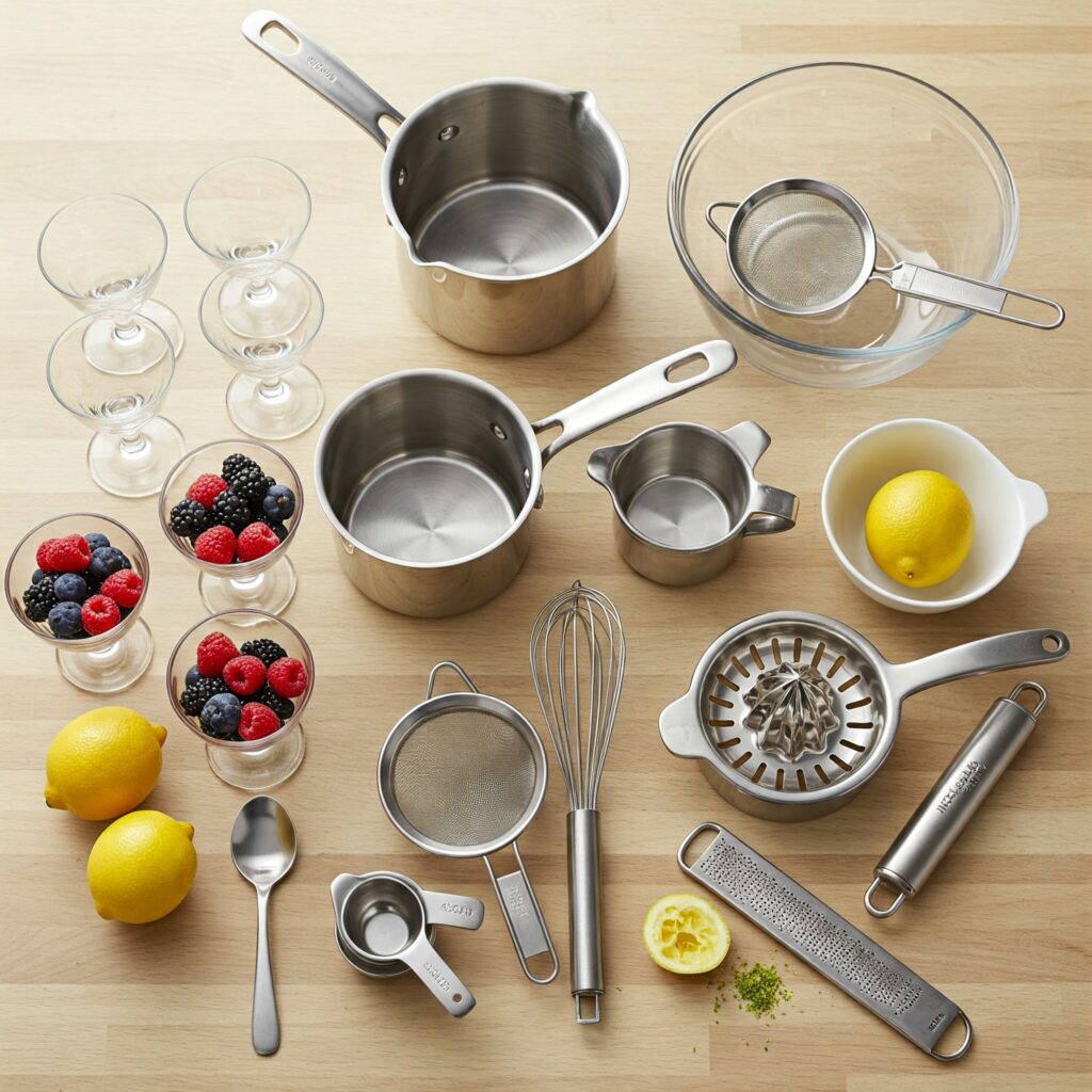 Organized display of kitchen tools including parfait glasses, saucepan, whisk, strainer, and measuring tools on wooden surface"