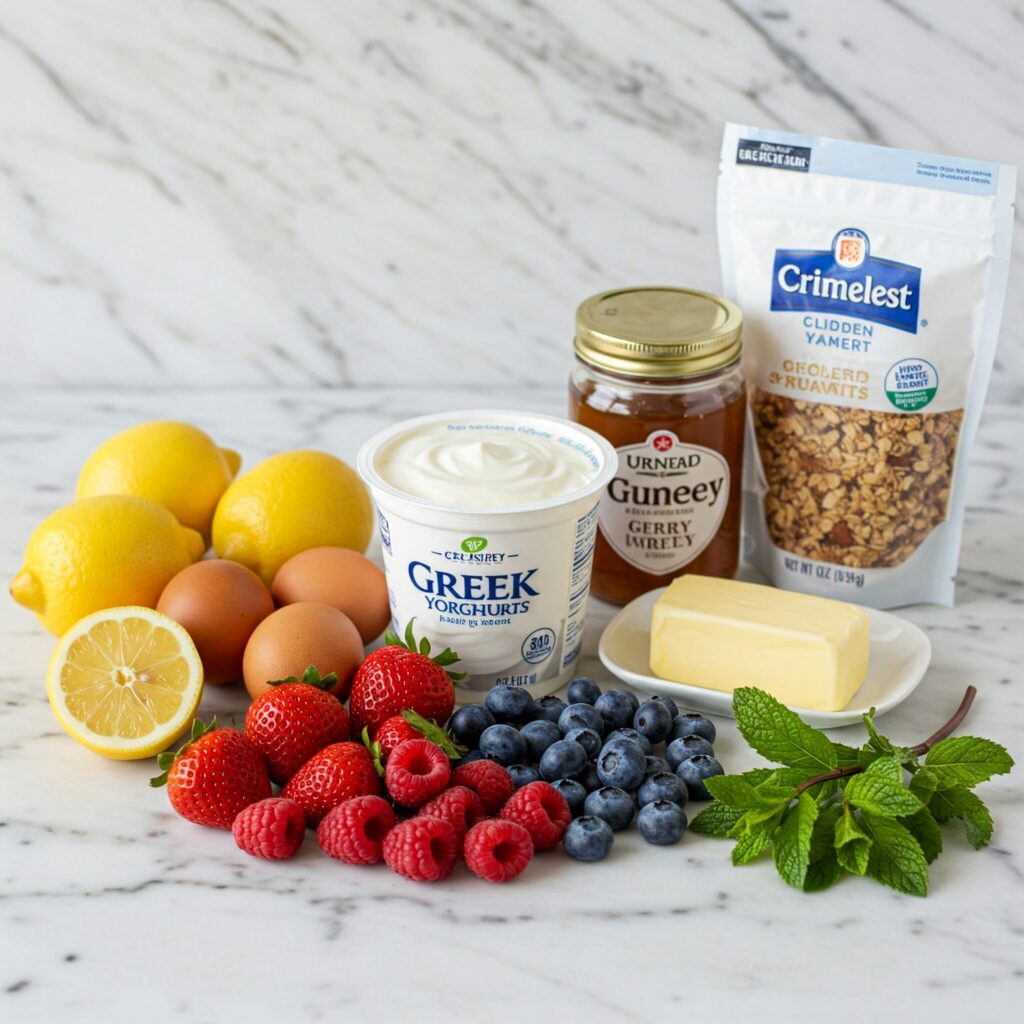 Fresh ingredients for lemon berry parfaits including citrus, dairy, berries, and garnishes arranged on marble counter