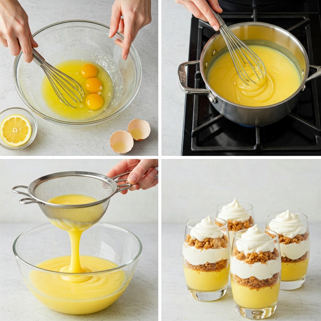 Four-panel collage demonstrating key steps in making lemon berry parfaits, from preparing lemon curd to final assembly