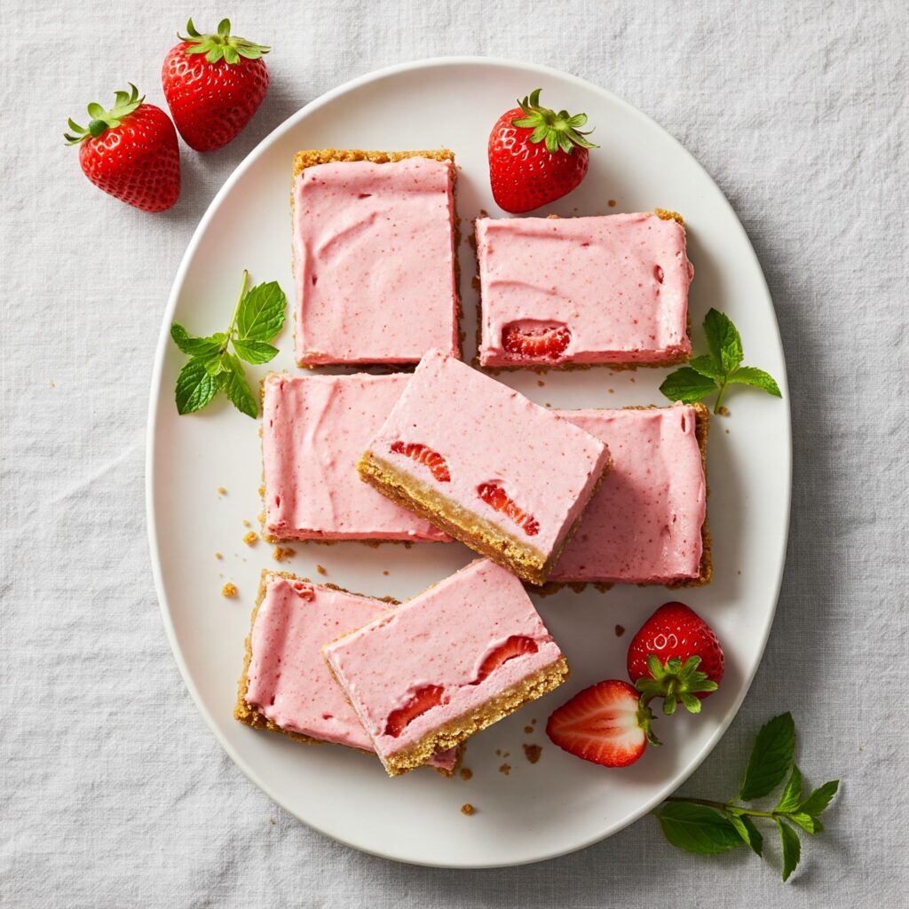 A slice of no-bake strawberry cheesecake bar on a white plate, showing layers of pink filling and golden crust, garnished with fresh strawberries
