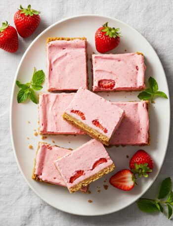 A slice of no-bake strawberry cheesecake bar on a white plate, showing layers of pink filling and golden crust, garnished with fresh strawberries