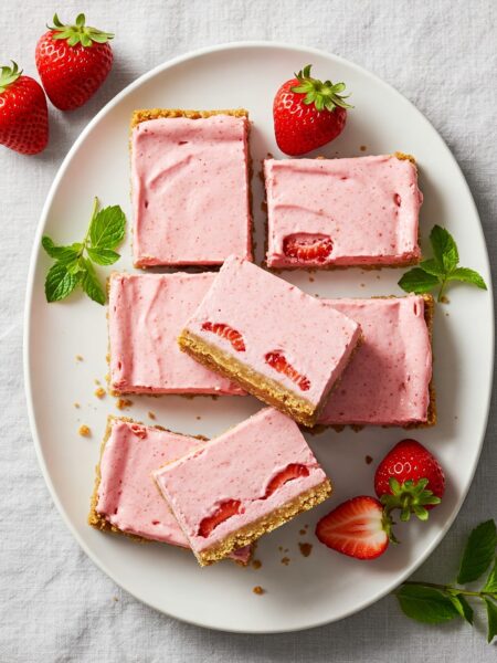 A slice of no-bake strawberry cheesecake bar on a white plate, showing layers of pink filling and golden crust, garnished with fresh strawberries