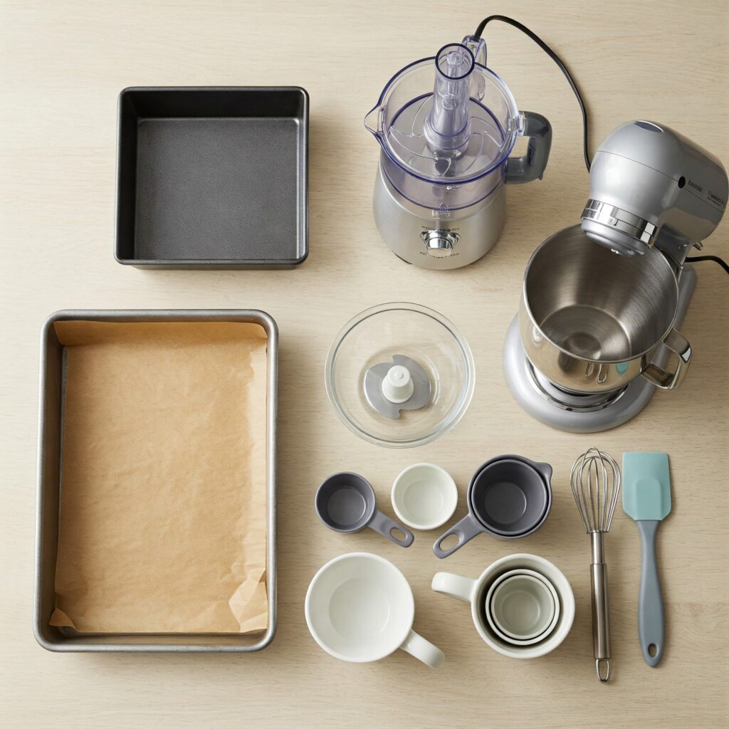 Organized flat lay of baking equipment including square pan, mixer, bowls, and measuring tools on wooden surface