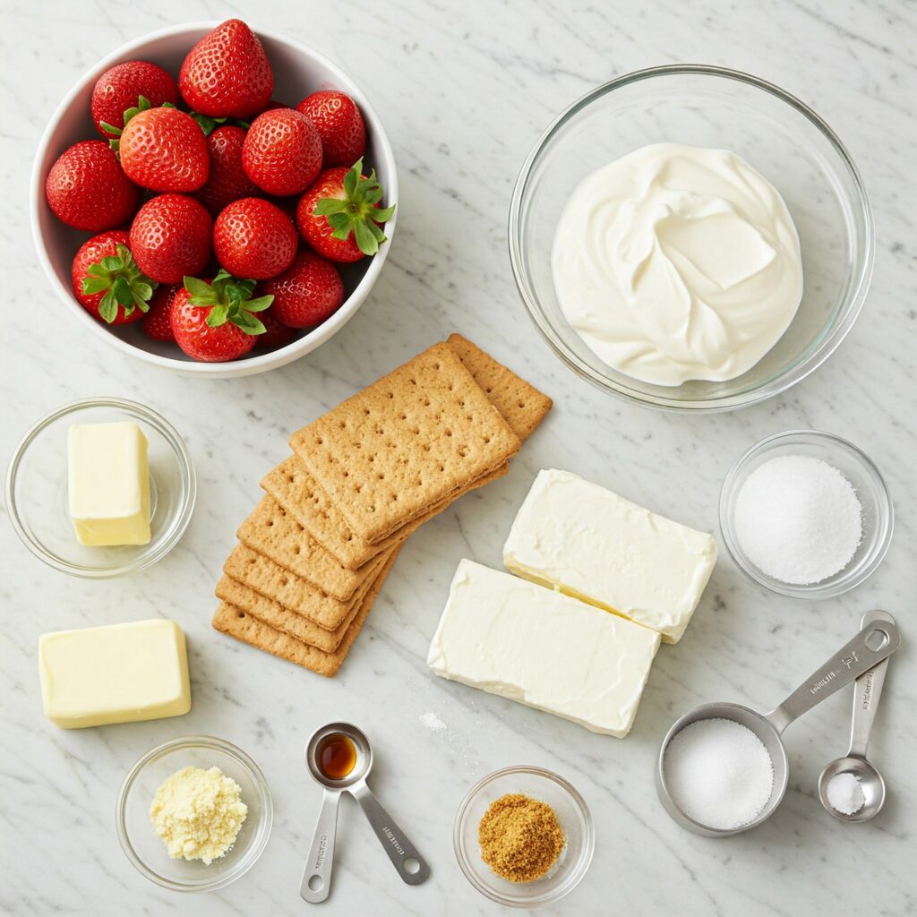 Organized display of fresh and packaged ingredients for strawberry cheesecake bars on marble surface
