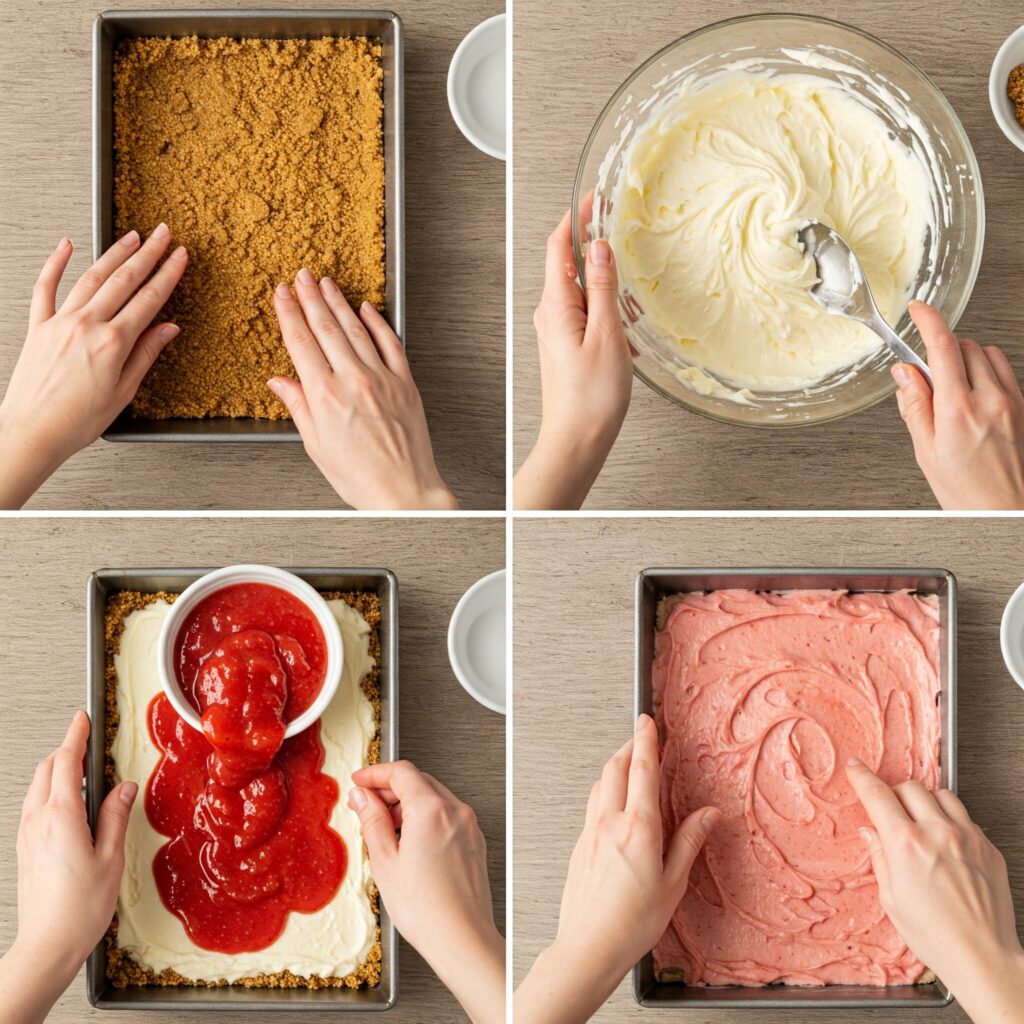 Four-panel collage demonstrating key steps in making no-bake strawberry cheesecake bars, from crust preparation to final assembly